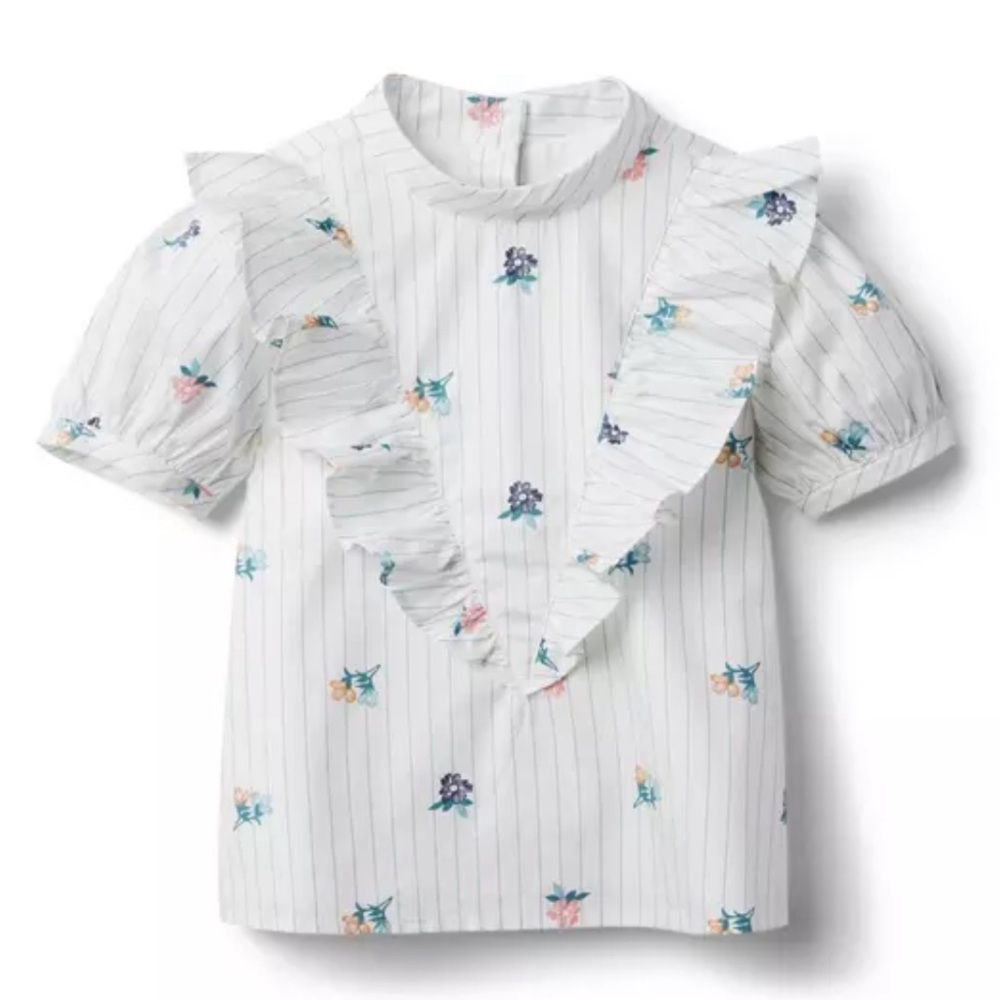 Janie and Jack Striped Floral Ruffle Top Blouse 100% Cotton Poplin White Girl 12